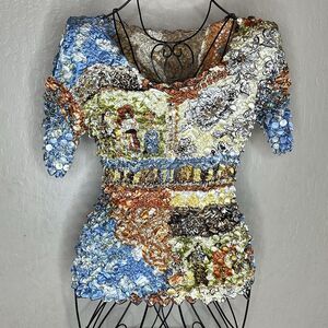 Vintage 90s Popcorn Bubble Scrunch Stretch Top Crop Shirt One Size